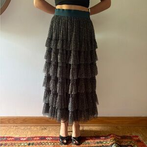 Boden deep teal tulle Tiered Midi Skirt with pink and yellow flowers